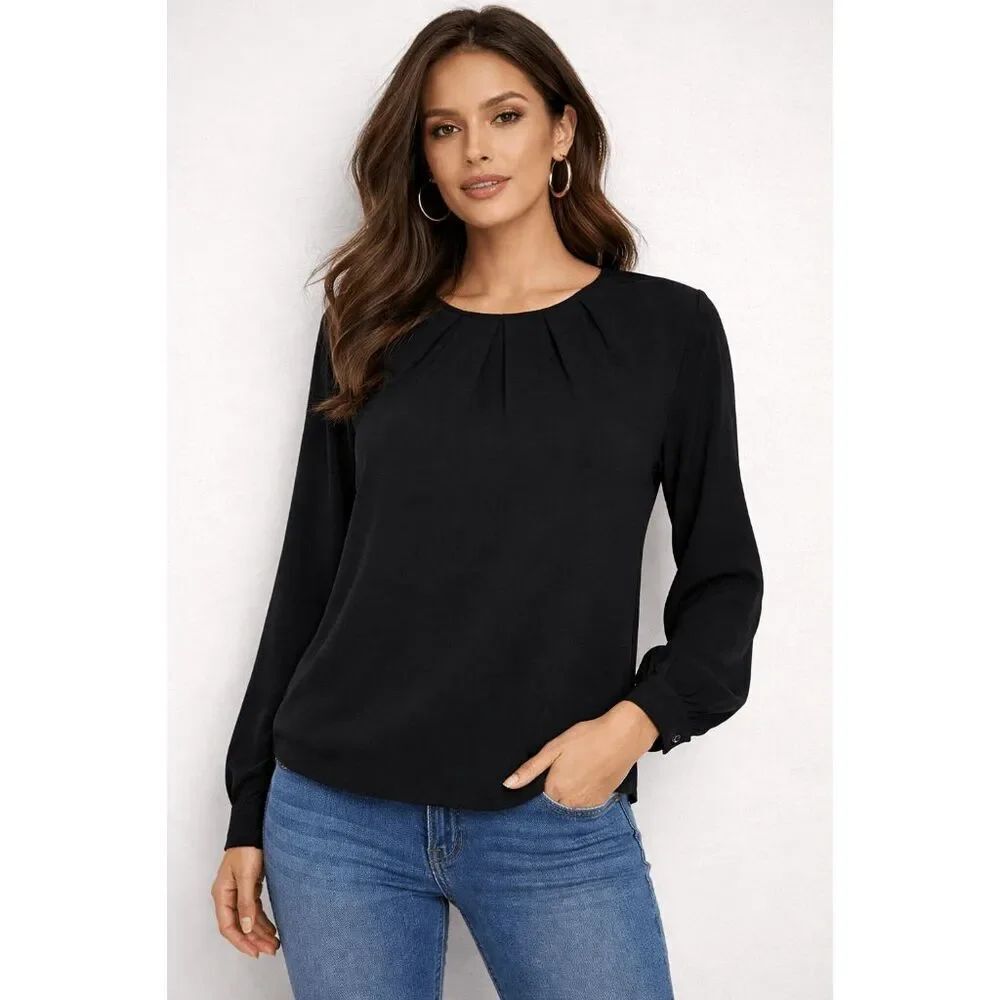 DKNY Women's Black Pleated Long Sleeve Pullover Top M